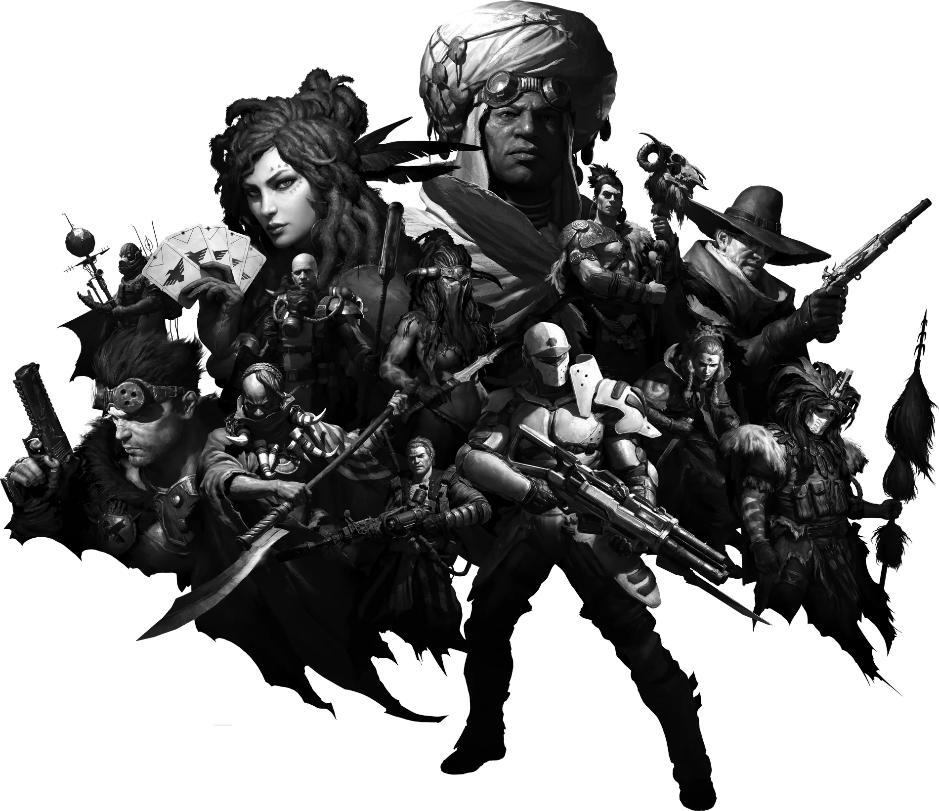 The Clan Wars Corebox cover: the Operatives gathered in black and white