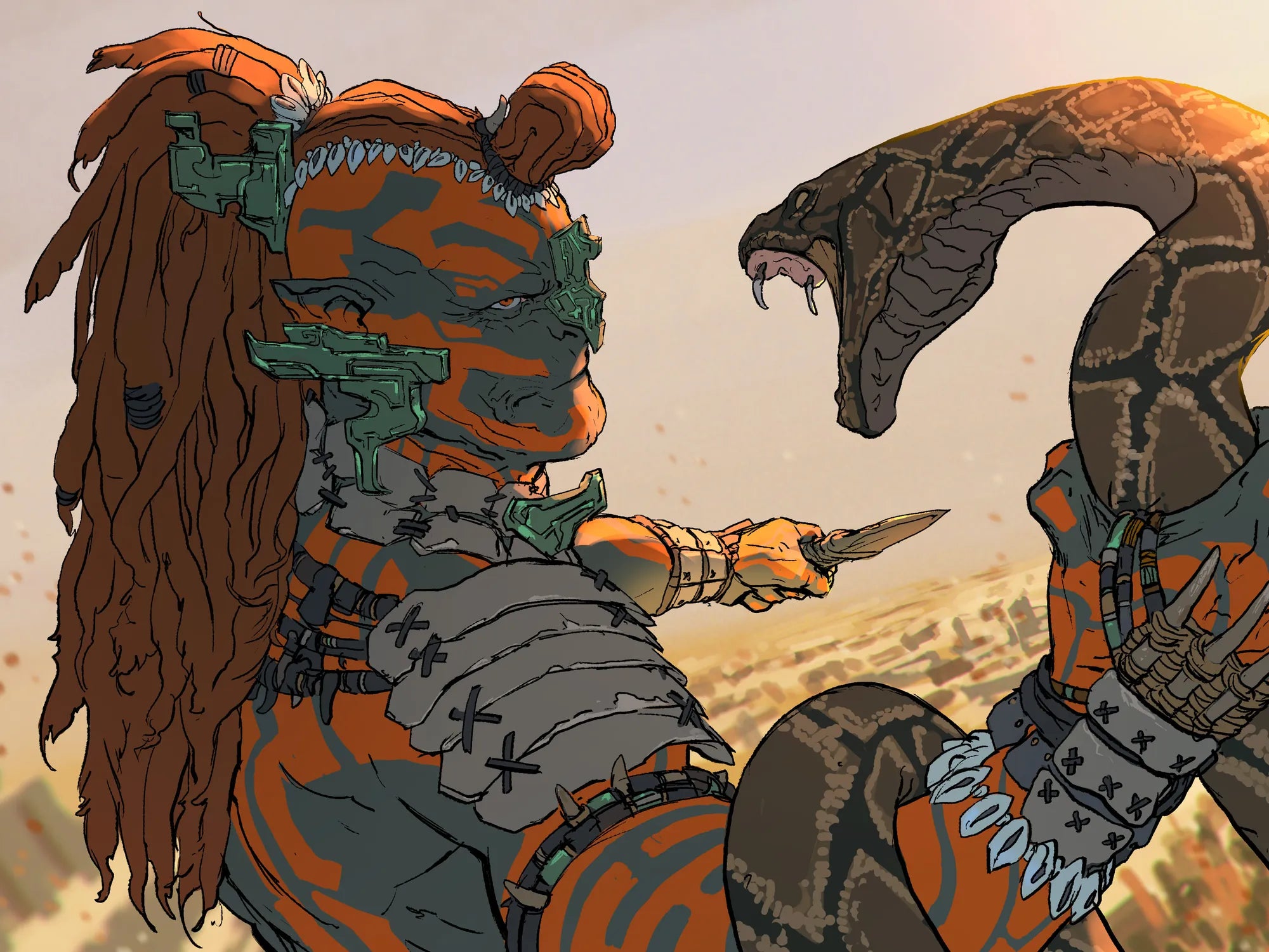 The Grand Incarnate of Kurkazhul, knife drawn, facing a giant serpent above the city